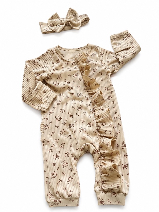 Twice Chic Boutique Other - Twice Chic Boutique Beige Floral Ruffle One-Piece with Headband